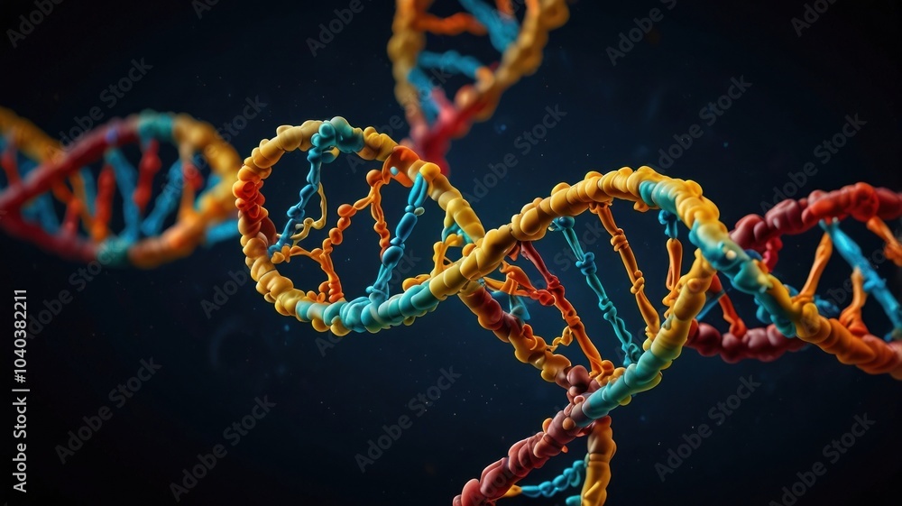 A 3D rendered colorful DNA double helix on a dark blue background.