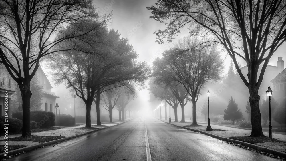 Woman in Fog on Deserted Street - Black and White Fall Photography Woman in Fog on Deserted Street - Black and White Fall Photography