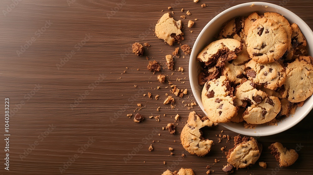 A tempting display of chocolate chip cookies is arranged scatteringly on the wooden surface, radiating an inviting aroma and anticipating a culinary delight for everyone. A tempting display of chocolate chip cookies is arranged scatteringly on the wooden surface, radiating an inviting aroma and anticipating a culinary delight for everyone.