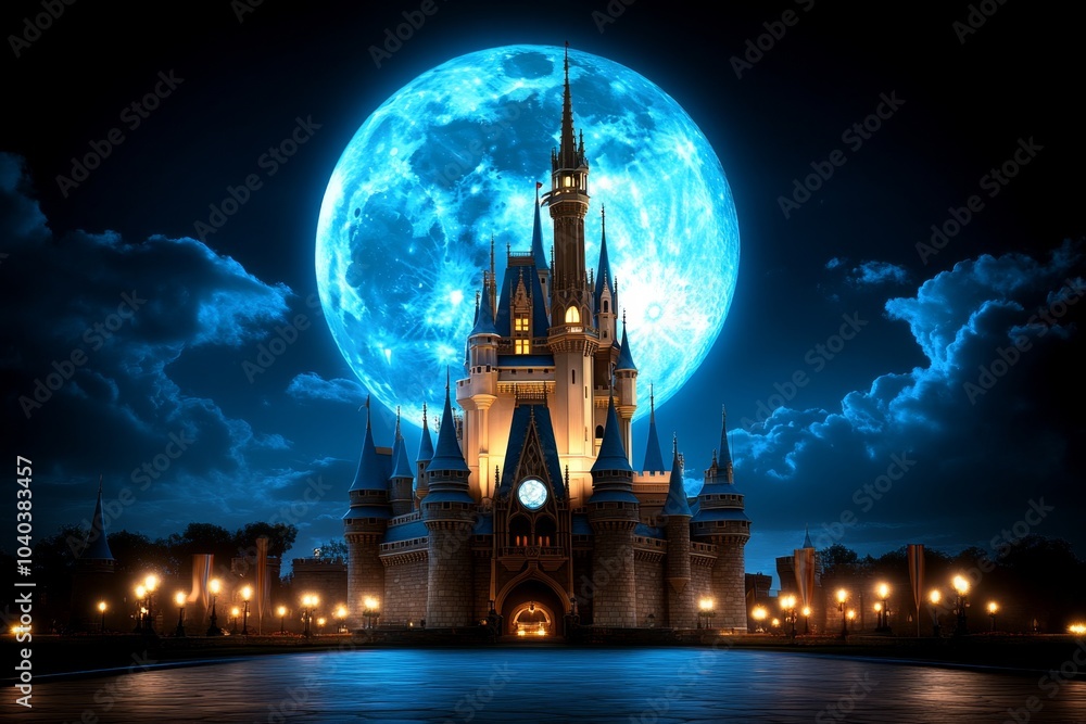 Naklejka premium Gothic castle illuminated by a cerulean moon, casting eerie blue light over the dark, shadowy landscape below