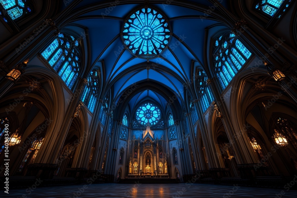 Fototapeta premium Gothic cathedral with cerulean stained glass windows, glowing in the moonlight and casting soft blue light across the stone interior