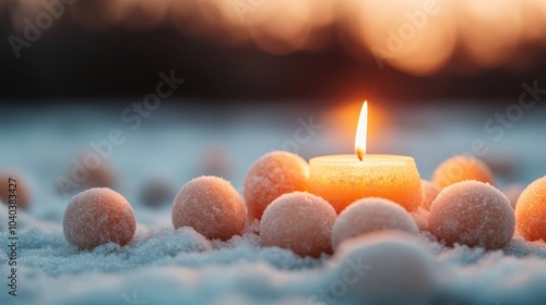 A candle with a golden glow surrounded by smooth stones against a sunset, creating an atmosphere of evening calm and relaxation, promoting inner peace. photo