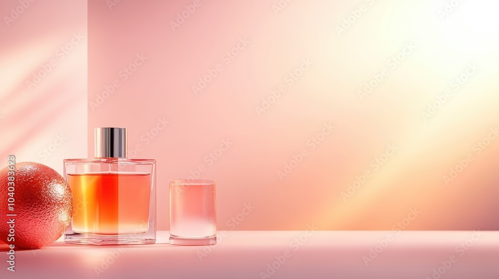 Two elegant perfume bottles, one large and one small, captured under soft, warm ambient lighting, creating a sense of sophistication and elegance. Two elegant perfume bottles, one large and one small, captured under soft, warm ambient lighting, creating a sense of sophistication and elegance.