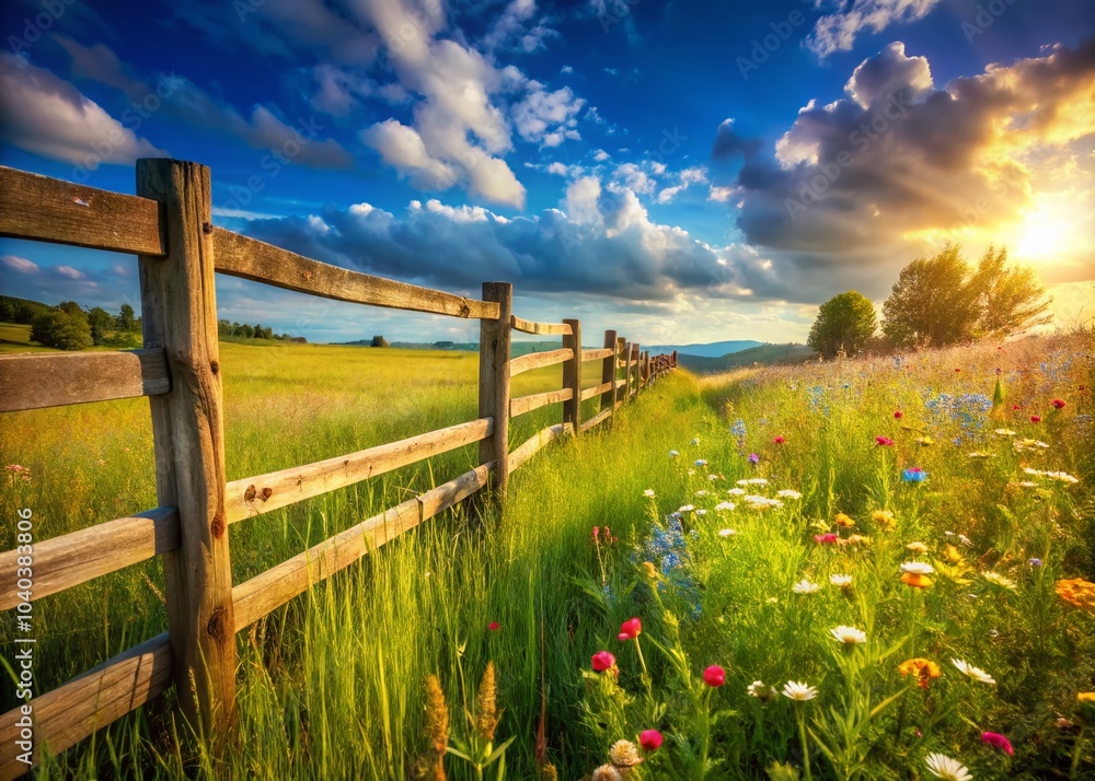 Obraz premium Wooden Fence in a Serene Field - Nature Photography for Landscape Lovers