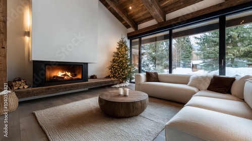 A modern living room with a warm fireplace  cozy sofa  and a decorated Christmas tree  all surrounded by a snowy view through large glass windows.