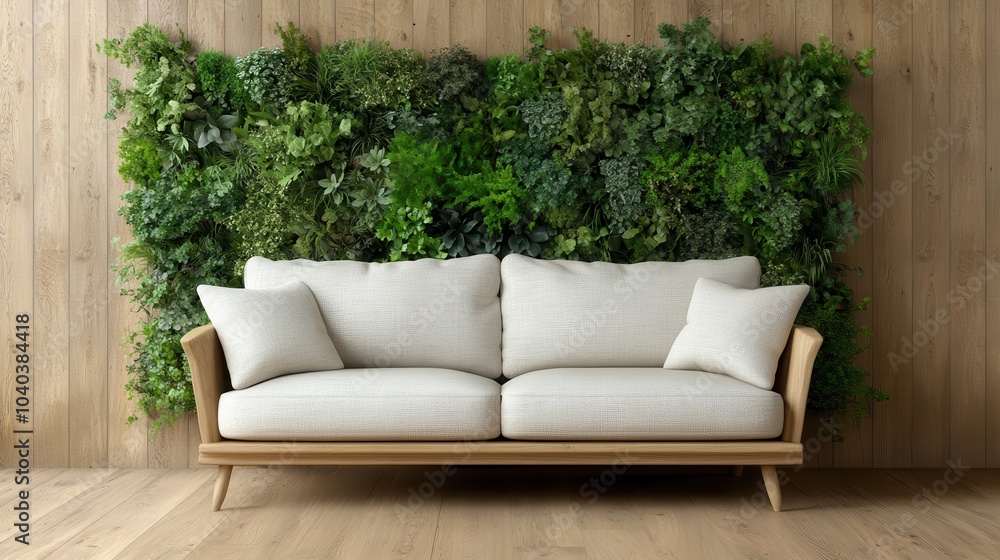 Bright and cozy white sofa set against a wood-paneled wall featuring a vertically arranged lush green garden, offering a fresh and modern home aesthetic. Bright and cozy white sofa set against a wood-paneled wall featuring a vertically arranged lush green garden, offering a fresh and modern home aesthetic.
