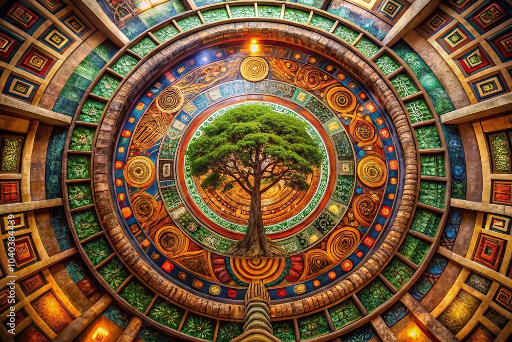 Fototapeta premium World Tree Sprouting from Spiral Maze - Mythical Aztec Symbolism for Nature and Culture