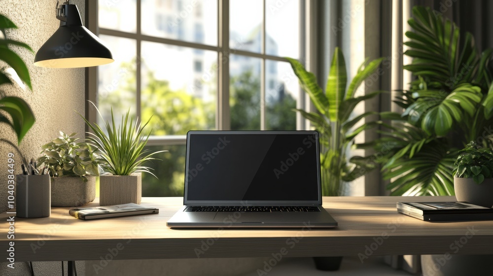 Fototapeta premium The desk features a sleek laptop surrounded by greenery, illuminated by sunlight entering through a large window. Generative AI