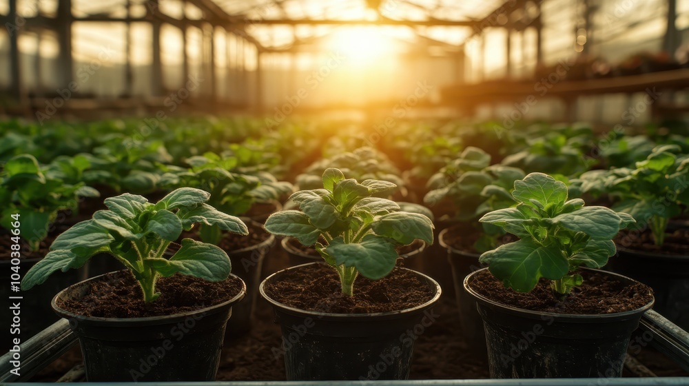 Rows of young green plants thrive in uniform black pots, consistently aligned under bright sunlight within a controlled greenhouse, representing cultivation success. Rows of young green plants thrive in uniform black pots, consistently aligned under bright sunlight within a controlled greenhouse, representing cultivation success.