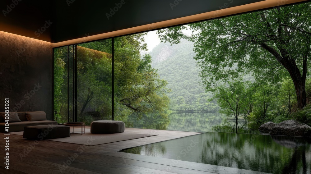 A luxurious cabin with floor-to-ceiling windows offering a panoramic view of lush greenery and a peaceful lake, blending modern architecture with serenity. A luxurious cabin with floor-to-ceiling windows offering a panoramic view of lush greenery and a peaceful lake, blending modern architecture with serenity.