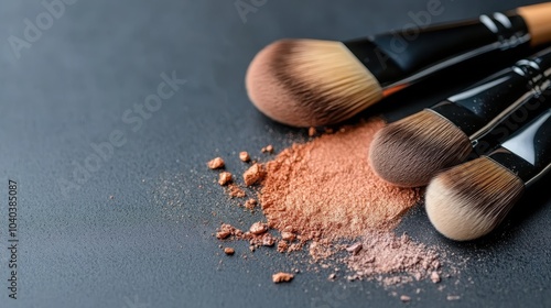 An artistic arrangement of makeup brushes resting alongside a scattered array of cosmetic powder on a textured surface, capturing the essence of beauty and style.