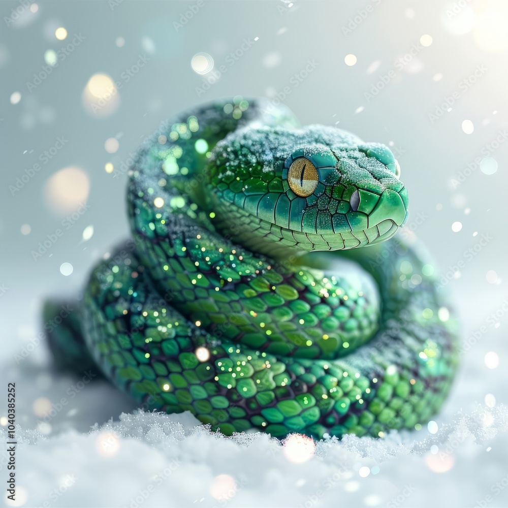 Green snake resting on snow-covered pine branches in winter light. Zodiac sign according to the Chinese horoscope. Symbol 2025. Green snake resting on snow-covered pine branches in winter light. Zodiac sign according to the Chinese horoscope. Symbol 2025.