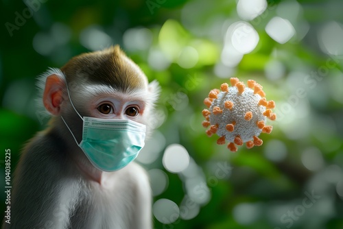 Sick monkey in medical mask and orthopoxvirus MPOX cells. Transmission monkeypox virus viral of animals to humans. Pox viral infection. Smallpox vaccine, control spread of disease photo