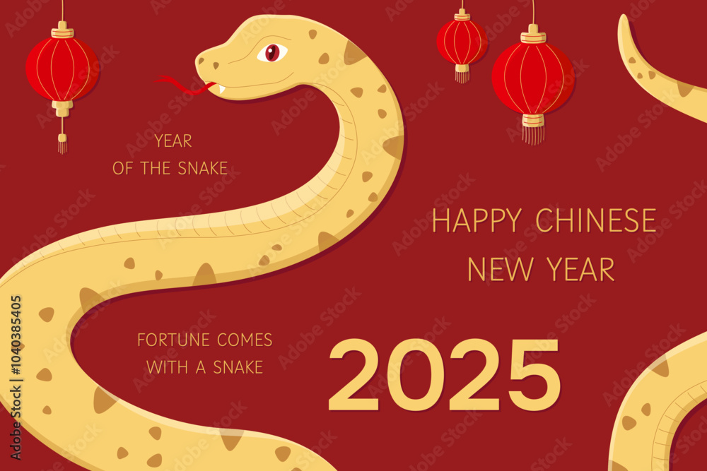 New year background with the symbol of 2025 snake and Chinese lanterns. Fortune comes with a snake. Year of the snake cute vector illustration. Golden snake on red background. Lunar new year 2025