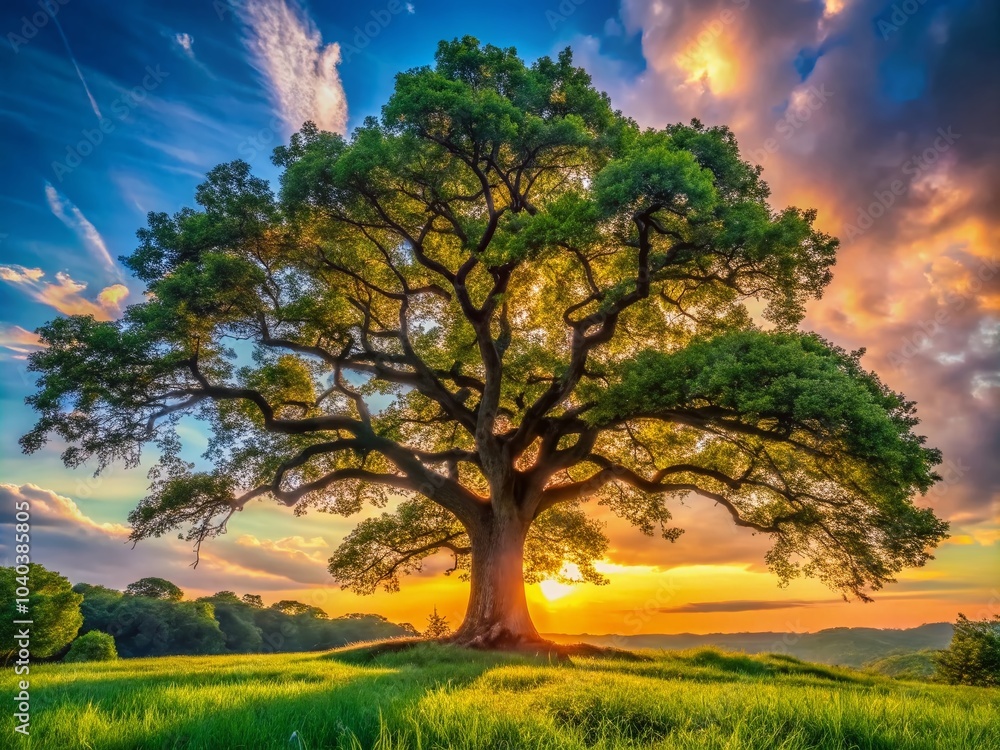 Fototapeta premium Young Oak Tree Silhouette in Garden at Sunset - Nature Photography