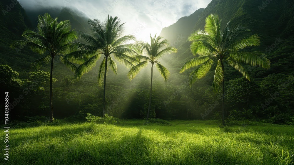Four prominent palm trees stand tall in a lush green valley, with sunlight filtering through, creating a scene of tranquility, nature's beauty, and serenity. Four prominent palm trees stand tall in a lush green valley, with sunlight filtering through, creating a scene of tranquility, nature's beauty, and serenity.