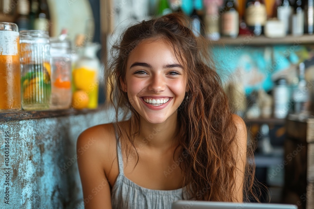 Smiling Woman in Vibrant Café with Rustic Decor and Jars Smiling Woman in Vibrant Café with Rustic Decor and Jars