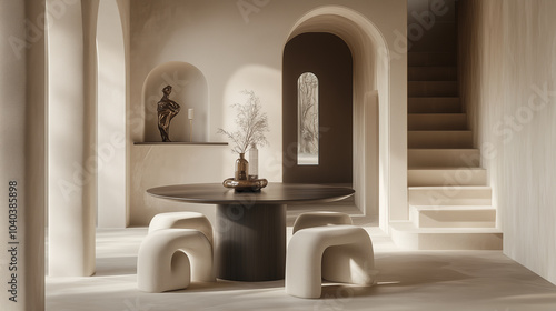 Minimalist interior design of modern dining area with sculptural furniture and archways
