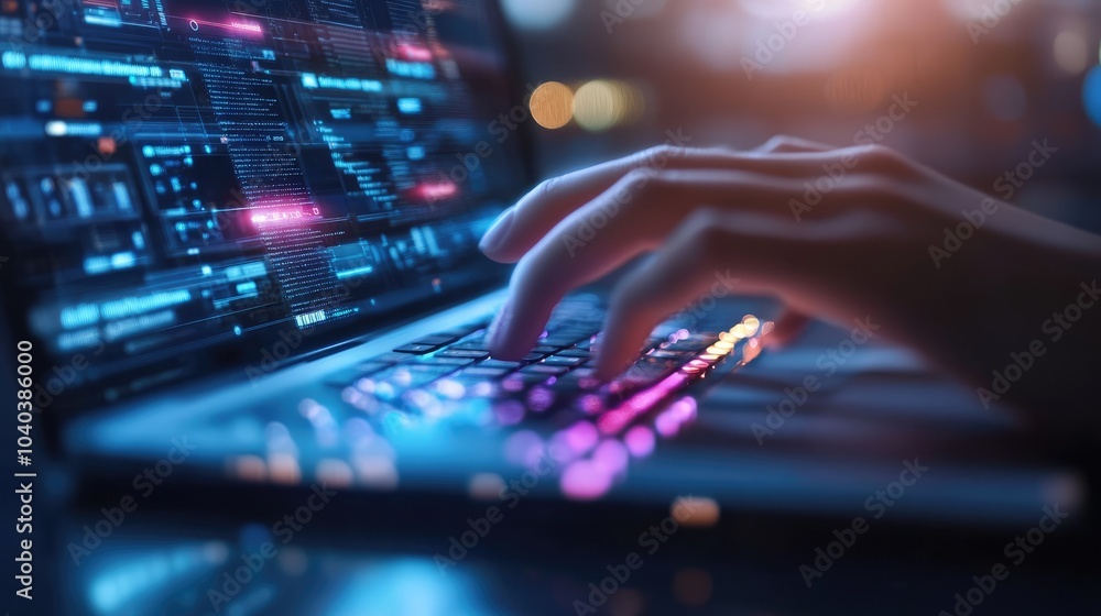 Exploring the digital realm a close-up of hands typing on a futuristic laptop with glowing keyboard and data-driven visuals at night Exploring the digital realm a close-up of hands typing on a futuristic laptop with glowing keyboard and data-driven visuals at night