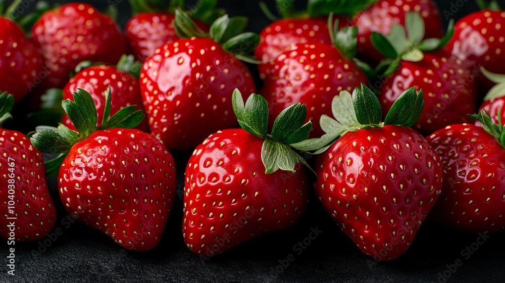 Close-up of fresh, ripe strawberries with green leaves on a black background. Close-up of fresh, ripe strawberries with green leaves on a black background.