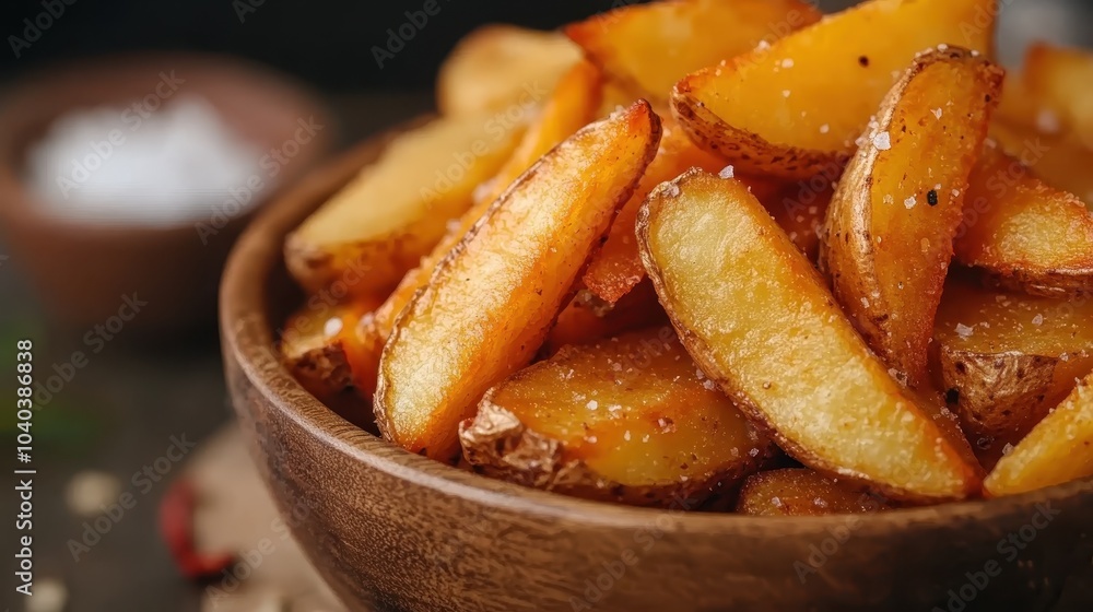 Rustic-style seasoned potato wedges served in a charming wooden bowl, offering a hearty and delicious snack choice with inviting seasoning and texture. Rustic-style seasoned potato wedges served in a charming wooden bowl, offering a hearty and delicious snack choice with inviting seasoning and texture.