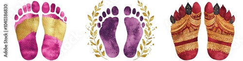 Colorful hand-painted footprints adorned with artistic designs, showcasing various patterns and vibrant hues.