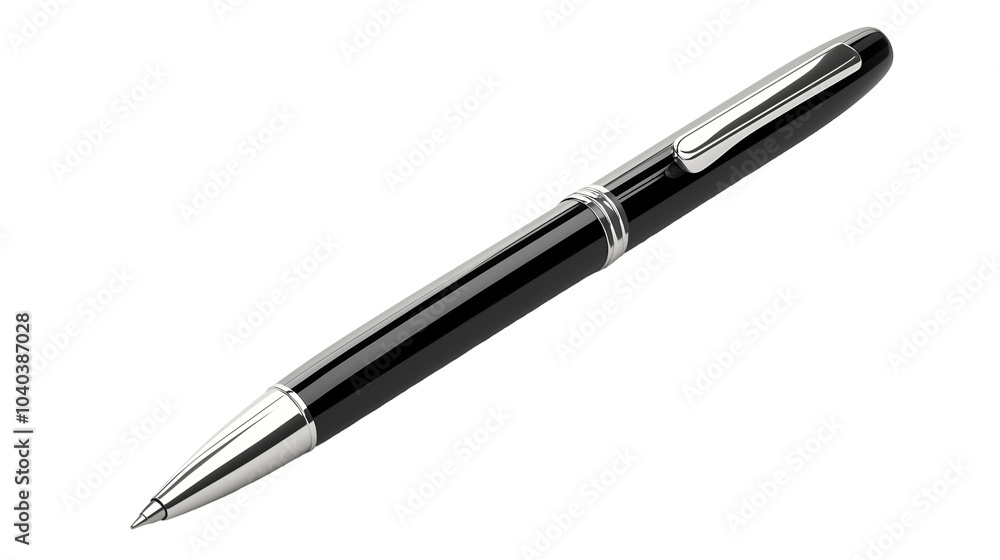 black ballpoint pen with chrome accents isolated on white background for office, school, and writing projects, cut out black ballpoint pen with chrome accents isolated on white background for office, school, and writing projects, cut out