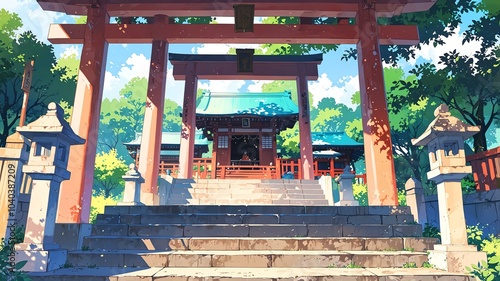 Cute shrine perspective anime style with pastel colors background