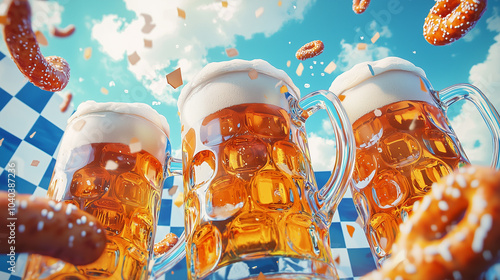 Oktoberfest Celebration with Beer Mugs and Pretzels in a Festive Setting photo