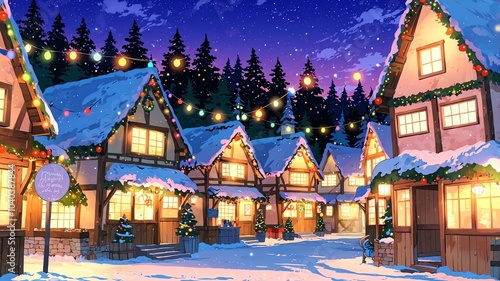 Cute christmas village perspective anime style with pastel colors background