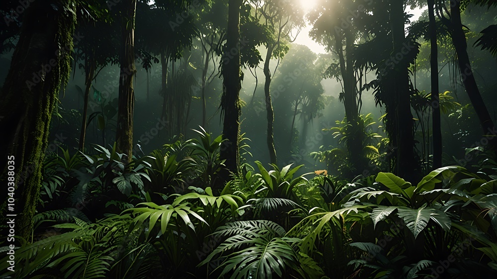 Amazon Rainforest, with dense, vibrant greenery and towering trees Amazon Rainforest, with dense, vibrant greenery and towering trees
