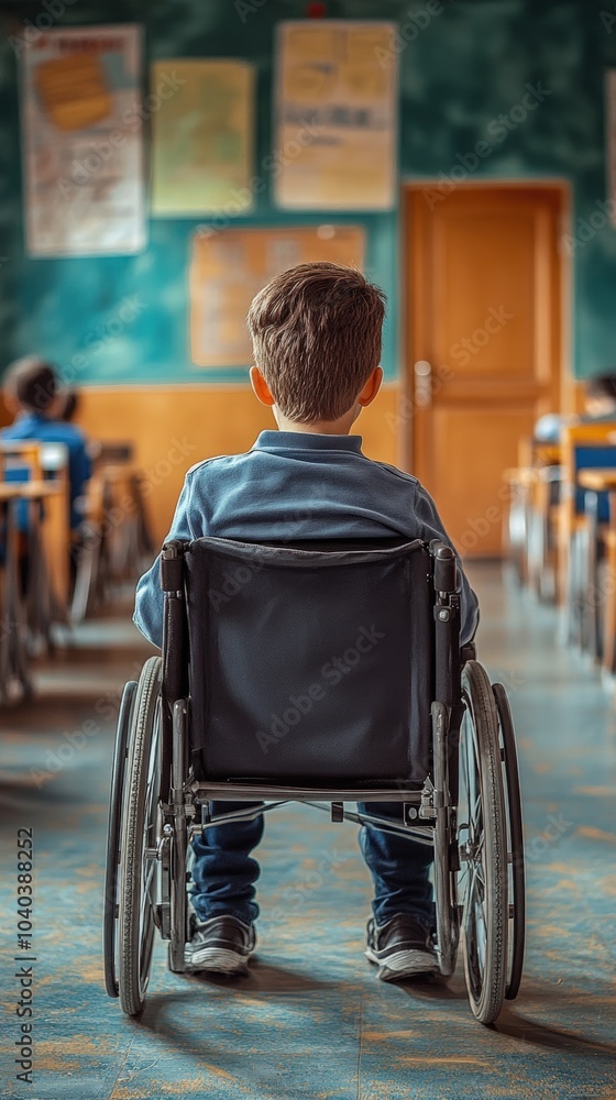 Obraz premium Child in wheelchair in classroom facing chalkboard