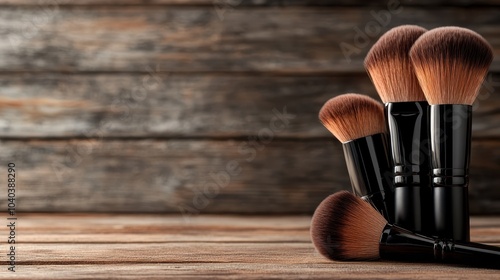 A collection of professional soft-bristled cosmetic brushes elegantly arranged on a rustic wooden table, emphasizing the art of beauty. Essential for makeup artistry.