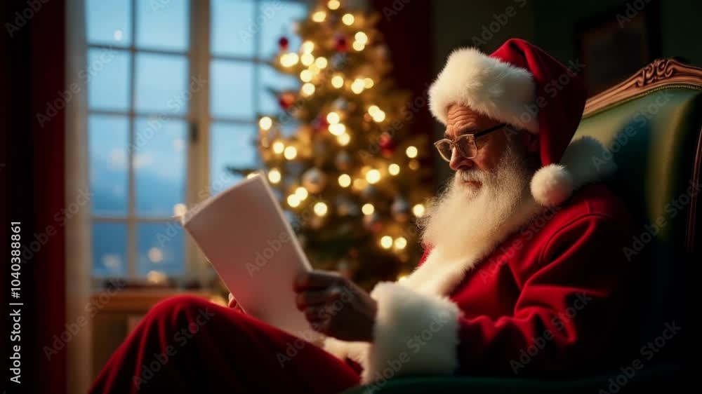 Santa Claus reads a letter from a child with wishes for gifts. Santa Claus reads a letter from a child with wishes for gifts.
