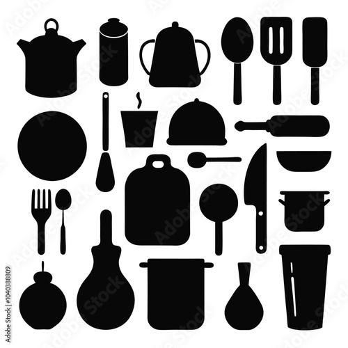 A comprehensive silhouette vector collection of essential kitchen tools, featuring cookware and utensils. Ideal for culinary projects, restaurant branding, or modern minimalist kitchen designs.