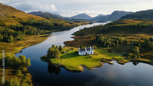 eine Landschaft mit Schloss und Fluss aus der Vogelperspetive photo