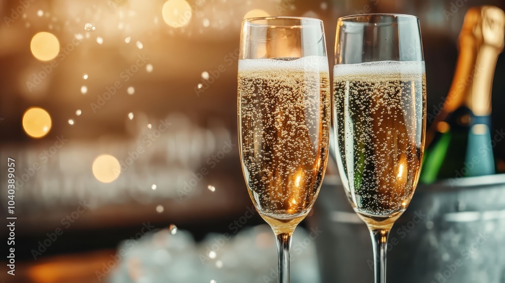 Two champagne glasses invite a toast against a backdrop of soft, twinkling lights symbolizing celebrations and valuable moments of joy and companionship. Two champagne glasses invite a toast against a backdrop of soft, twinkling lights symbolizing celebrations and valuable moments of joy and companionship.