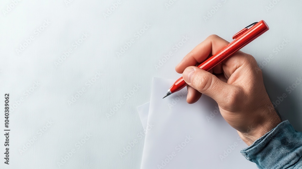 A casual setup illustrating a person's hand writing with a red pen on a white sheet of paper, emphasizing thought and creativity through simplicity. A casual setup illustrating a person's hand writing with a red pen on a white sheet of paper, emphasizing thought and creativity through simplicity.