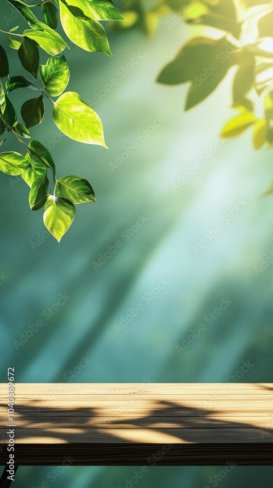 Sunlit green leaves cast dancing shadows on a blurred teal background, with a wooden surface in the foreground, creating a serene natural product display setting. Sunlit green leaves cast dancing shadows on a blurred teal background, with a wooden surface in the foreground, creating a serene natural product display setting.