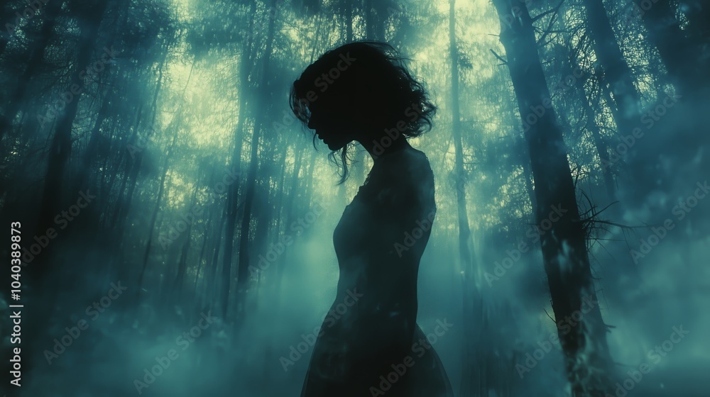 A silhouette of a woman in a lace-detail dress stands in a misty, blueish fog-filled forest. The ethereal light filtering through tall trees creates a surreal and introspective atmosphere. A silhouette of a woman in a lace-detail dress stands in a misty, blueish fog-filled forest. The ethereal light filtering through tall trees creates a surreal and introspective atmosphere.