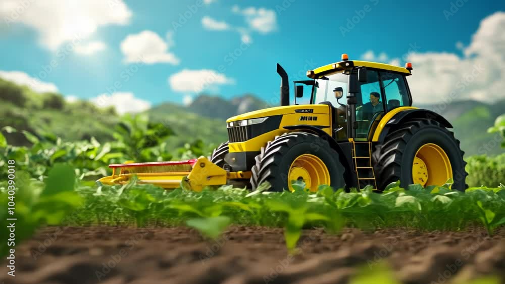 A yellow tractor working in a lush green field under a bright blue sky. A yellow tractor working in a lush green field under a bright blue sky.