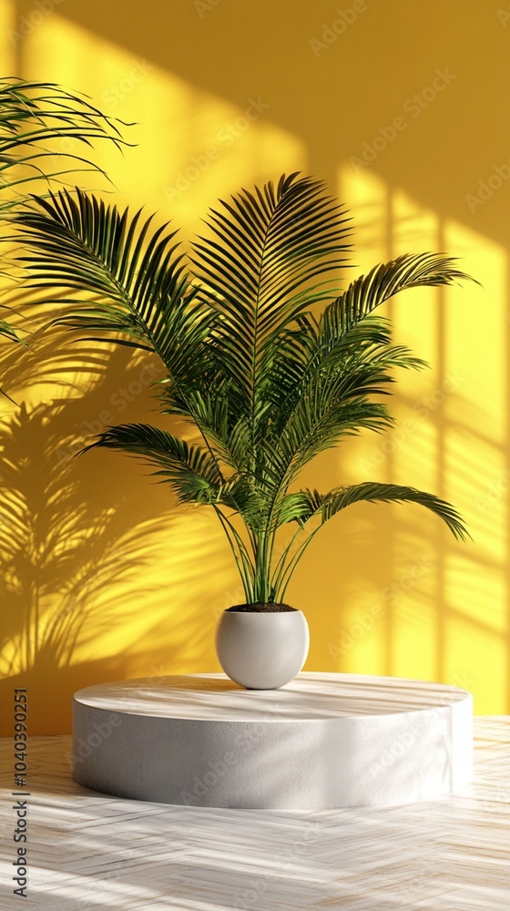 Vibrant palm plant in white pot on circular platform, casting intricate shadows on sunny yellow wall. Minimalist tropical decor with bold contrast. Vibrant palm plant in white pot on circular platform, casting intricate shadows on sunny yellow wall. Minimalist tropical decor with bold contrast.