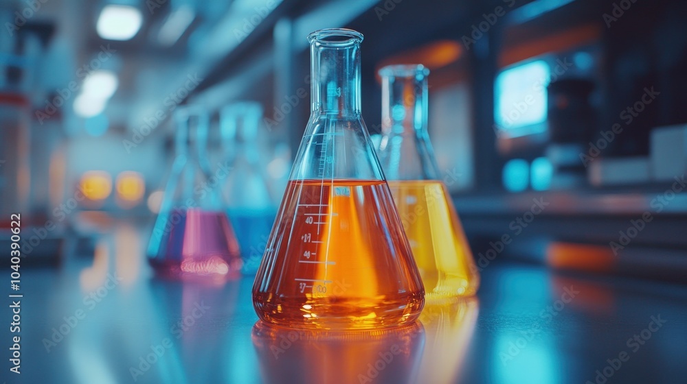 Four beakers with colorful liquids on a lab table. Four beakers with colorful liquids on a lab table.