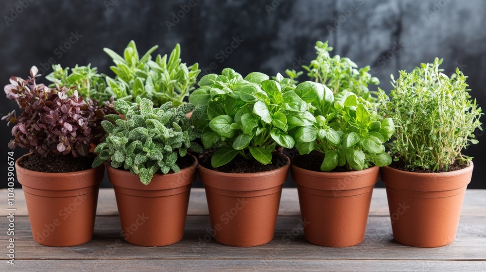 Five potted herbs, including oregano, basil, thyme, sage, and chives, arranged on a wooden surface. Five potted herbs, including oregano, basil, thyme, sage, and chives, arranged on a wooden surface.