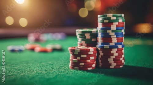 Brightly colored casino chips are stacked high on a green table, surrounded by a vibrant atmosphere full of excitement and anticipation. Generative AI