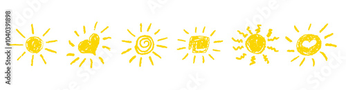 Set of fun like kid drawing yellow sun. Collection painted with pastel crayons or wax pencil sunny icons. Summer sky symbols. Rough chalk texture vector illustration in children style. Design elements