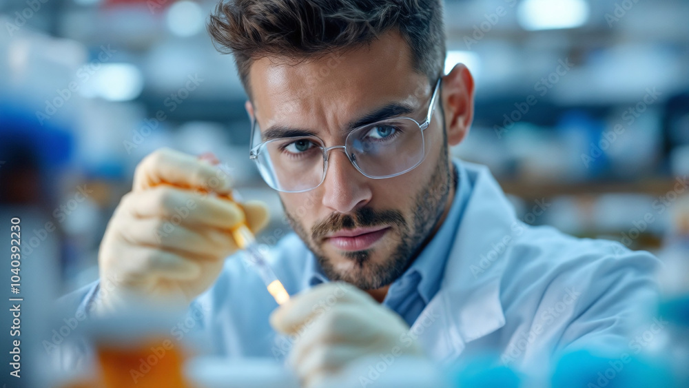 Scientist conducting research in a laboratory with a focused expression. Scientist conducting research in a laboratory with a focused expression.
