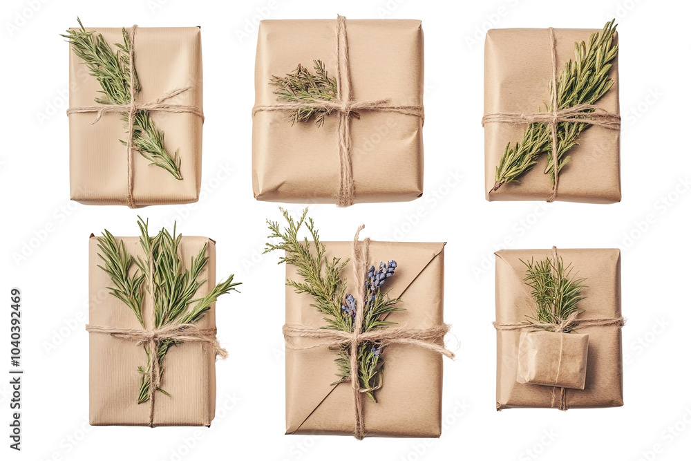 A row of brown boxes with green leaves on them. on transparent background A row of brown boxes with green leaves on them. on transparent background