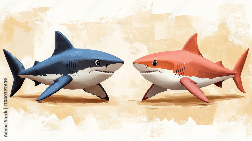 Naklejka premium Cartoon Illustration of a Playful Shark in the Sea - Colorful Fish Underwater Scene