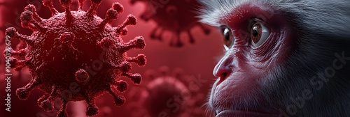 Sick monkey and orthopoxvirus MPOX cells. Transmission monkeypox virus viral of animals to humans. Pox viral infection. Smallpox vaccine, control spread of disease. Science and medical concept photo